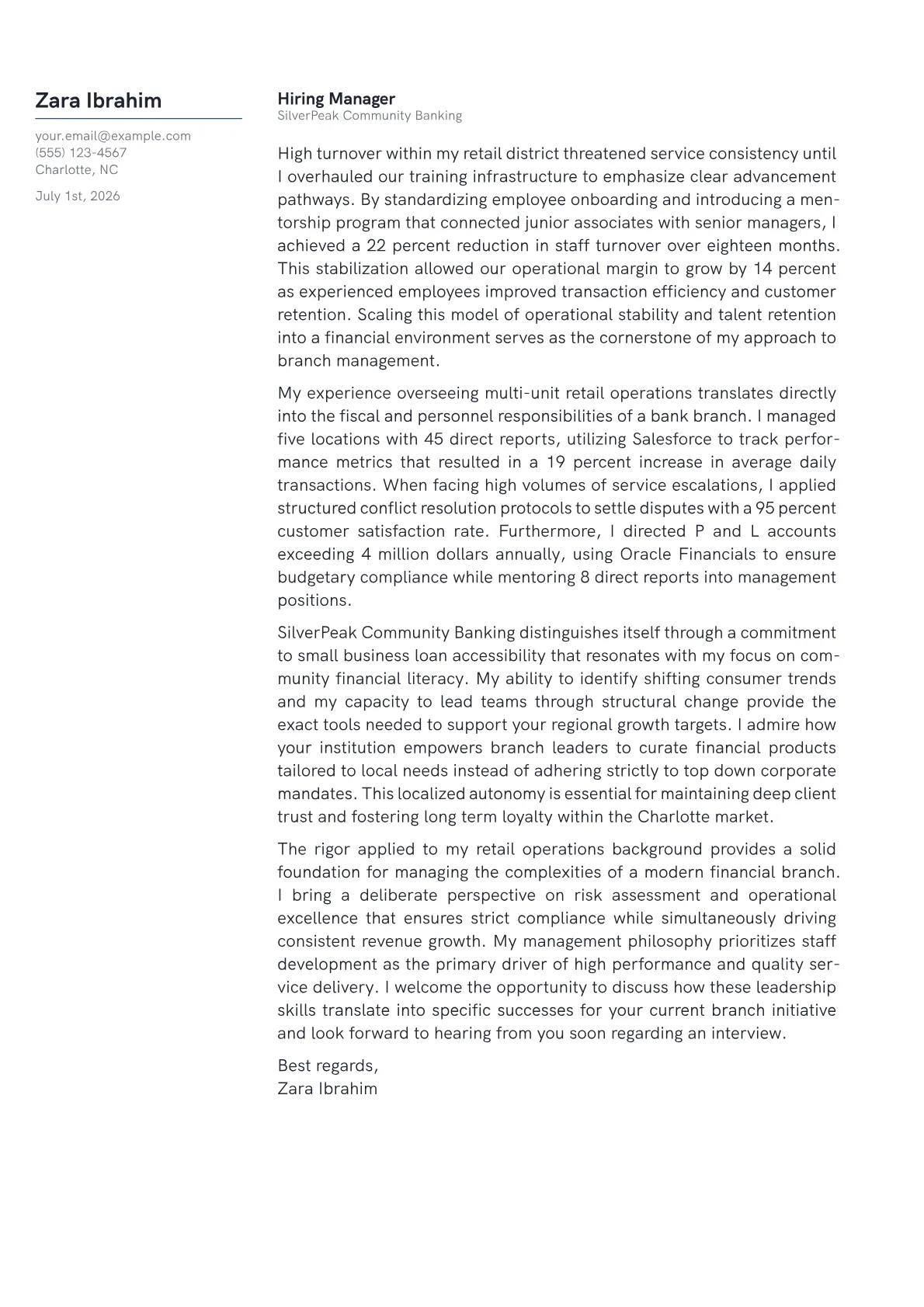 Bank Branch Manager cover letter in the Margin design