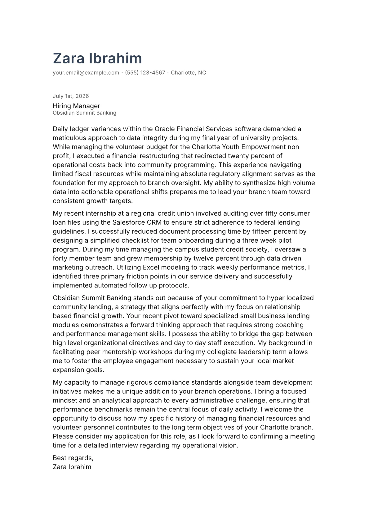 Bank Branch Manager cover letter in the Minimal design