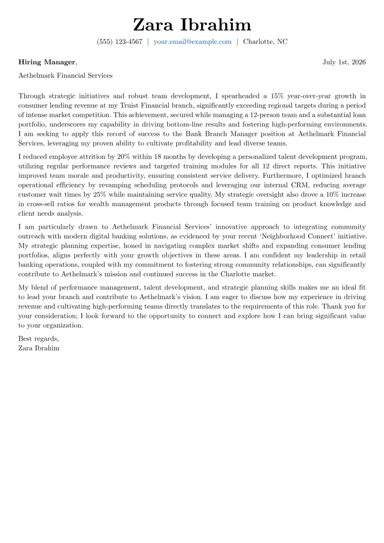 Bank Branch Manager Cover Letter Example