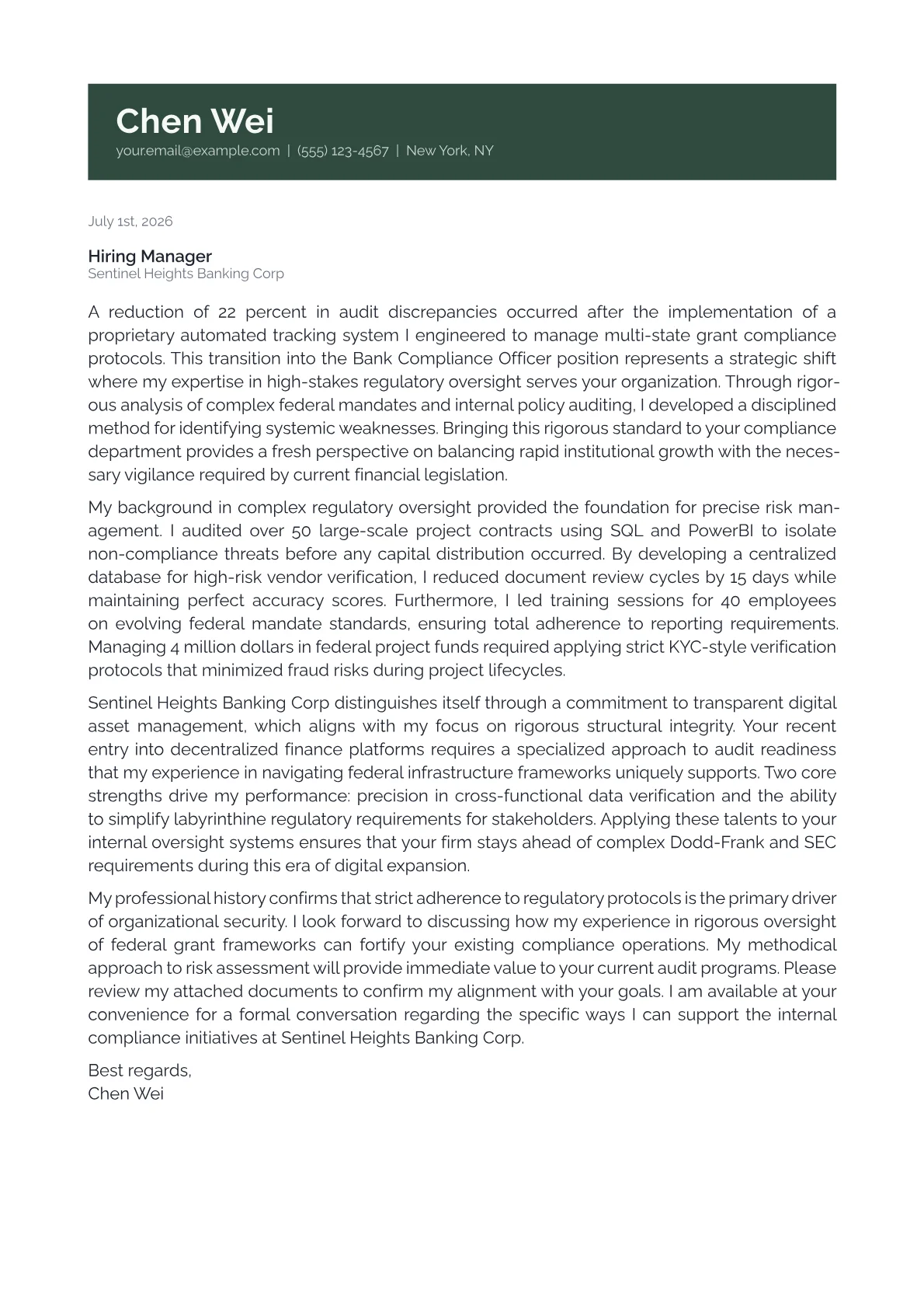 Bank Compliance Officer cover letter in the Banner design
