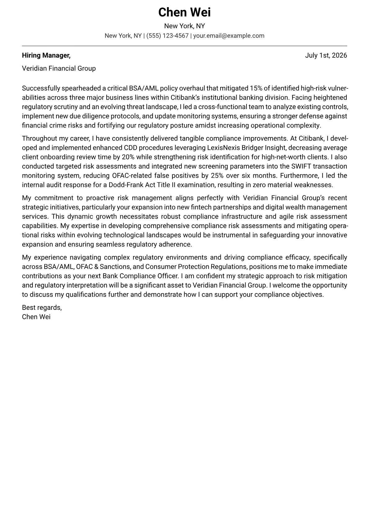 Bank Compliance Officer cover letter formatted with a JobSprout template