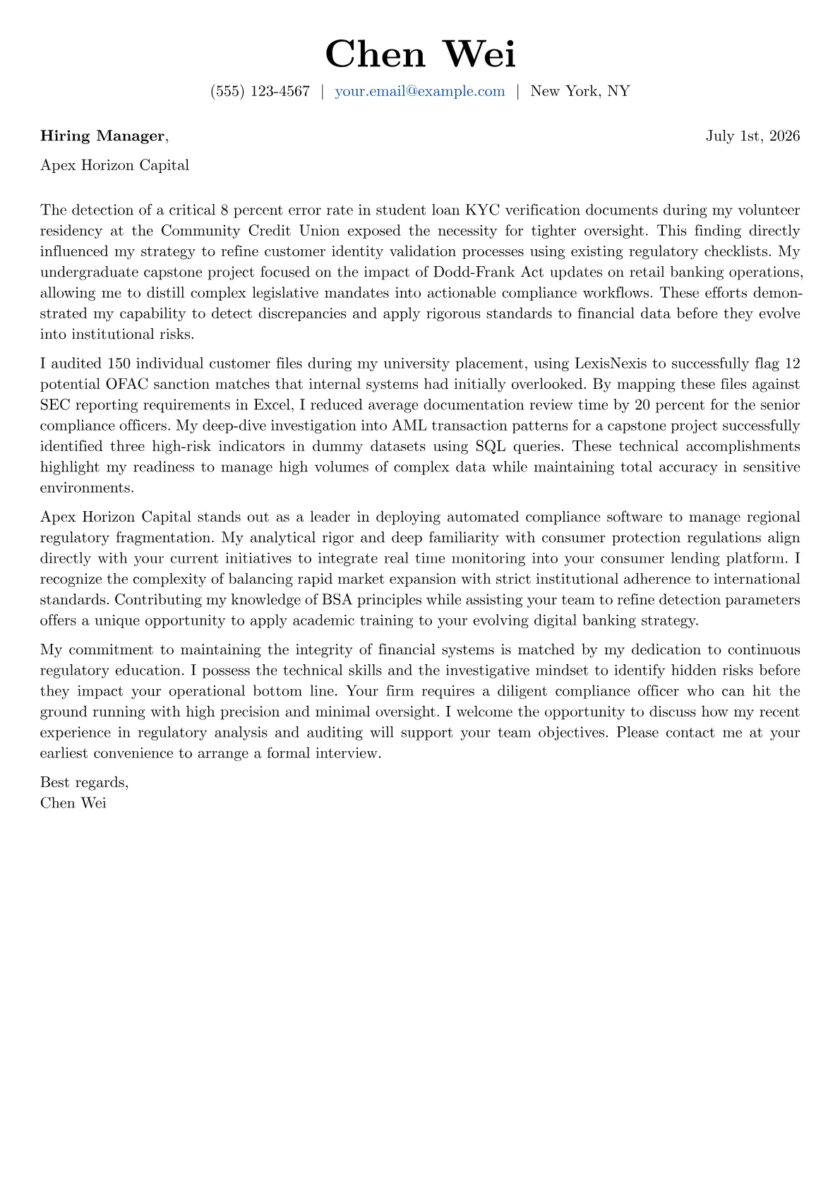 Bank Compliance Officer cover letter in the Basic design