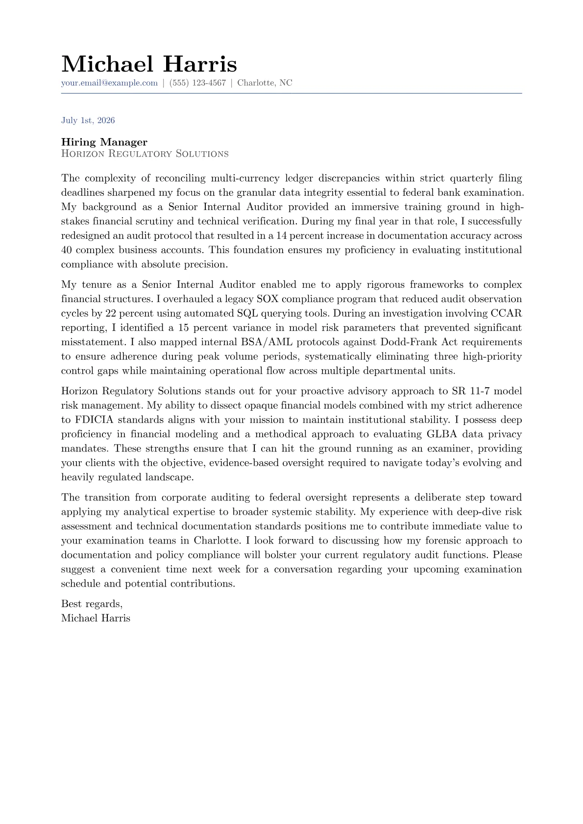Bank Examiner cover letter in the Classic design