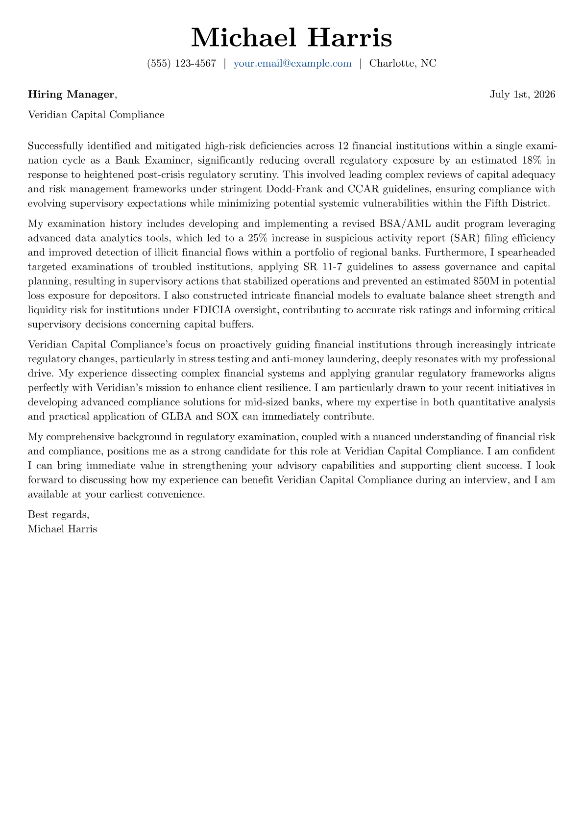 Bank Examiner cover letter formatted with a JobSprout template