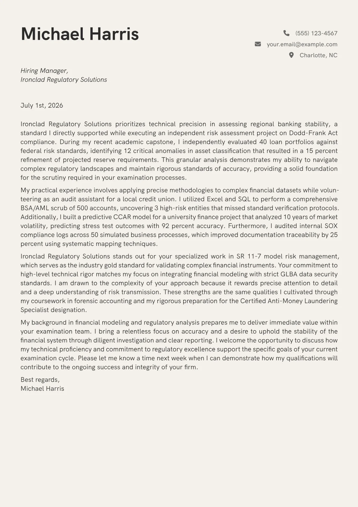 Bank Examiner cover letter in the Creative design