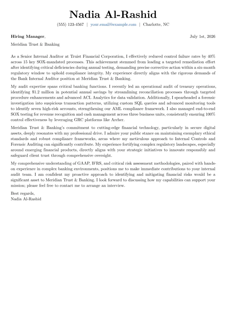 Bank Internal Auditor Cover Letter Example