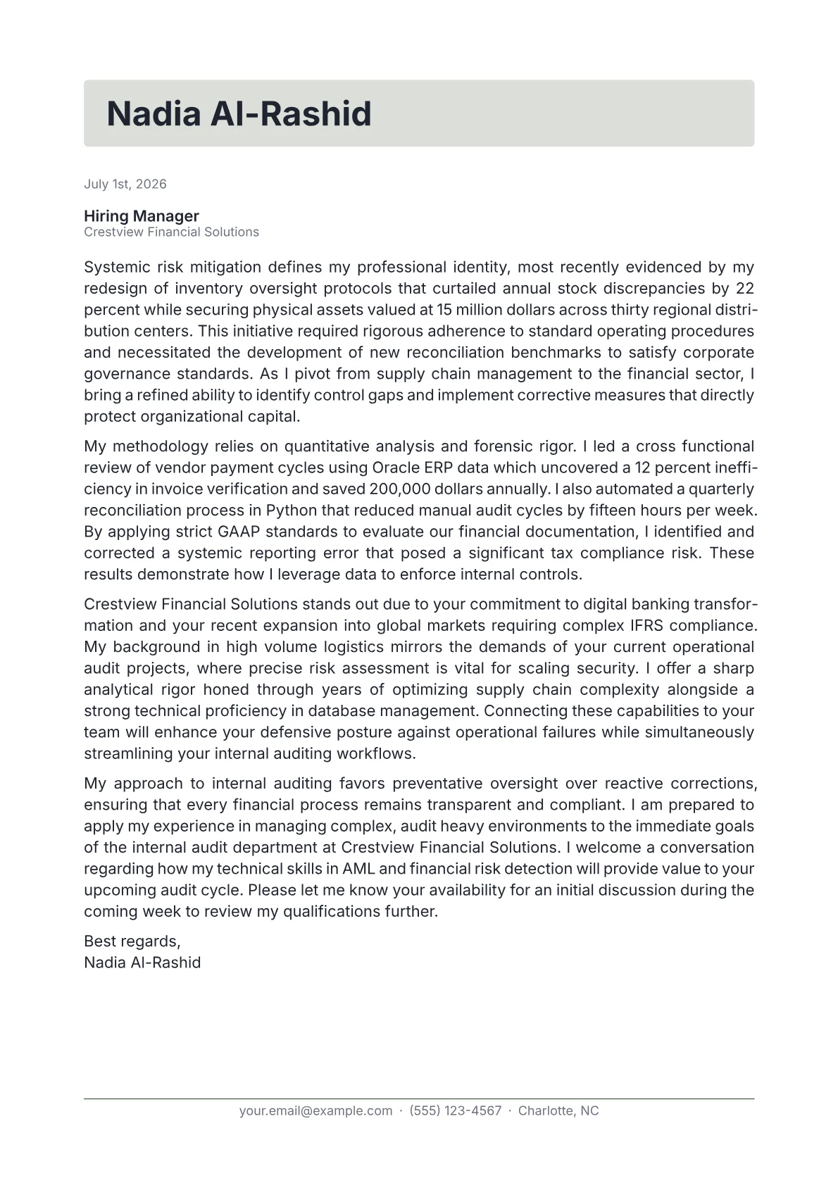 Bank Internal Auditor cover letter in the Letterhead design