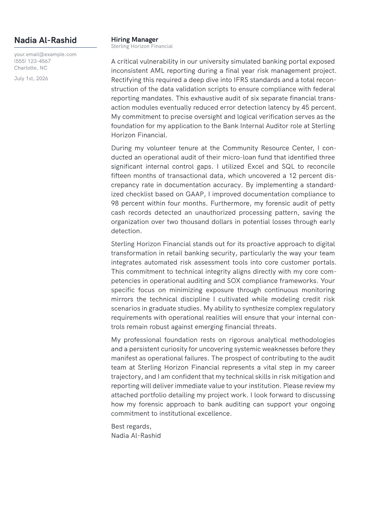 Bank Internal Auditor cover letter in the Margin design