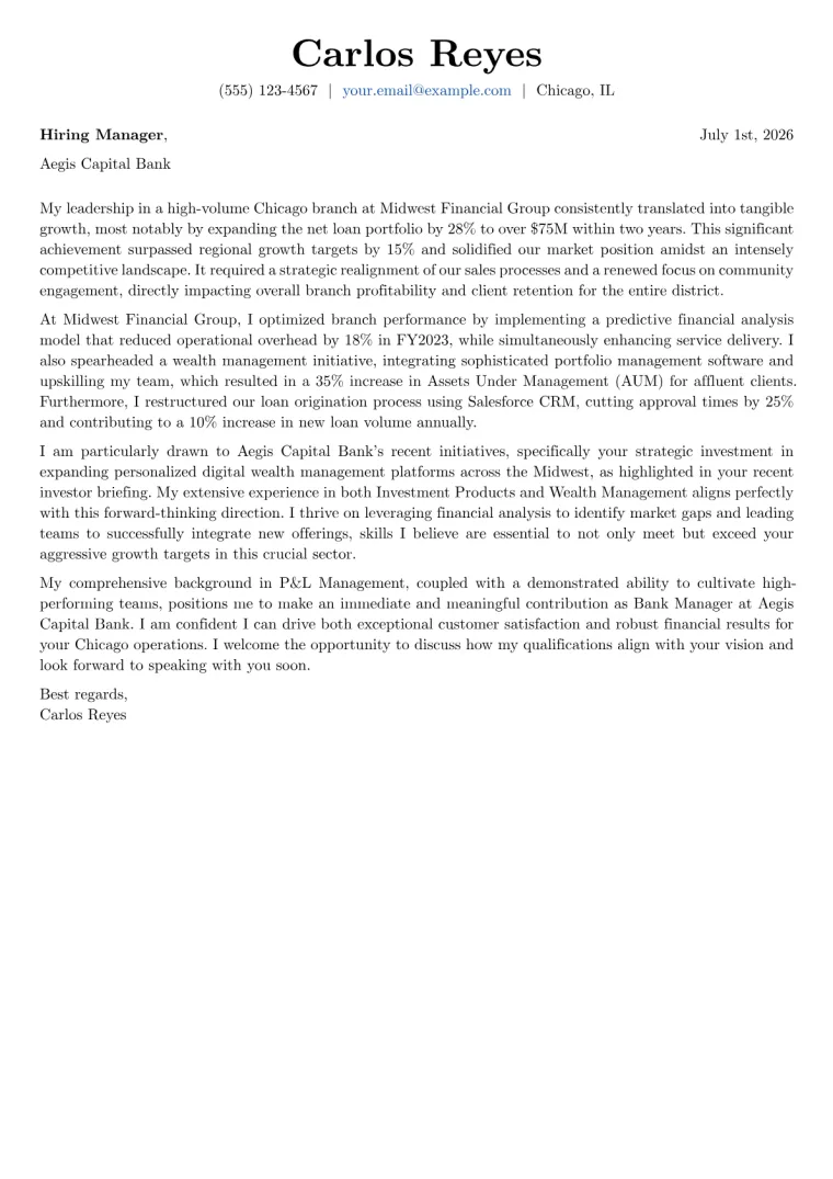 Bank Manager cover letter example