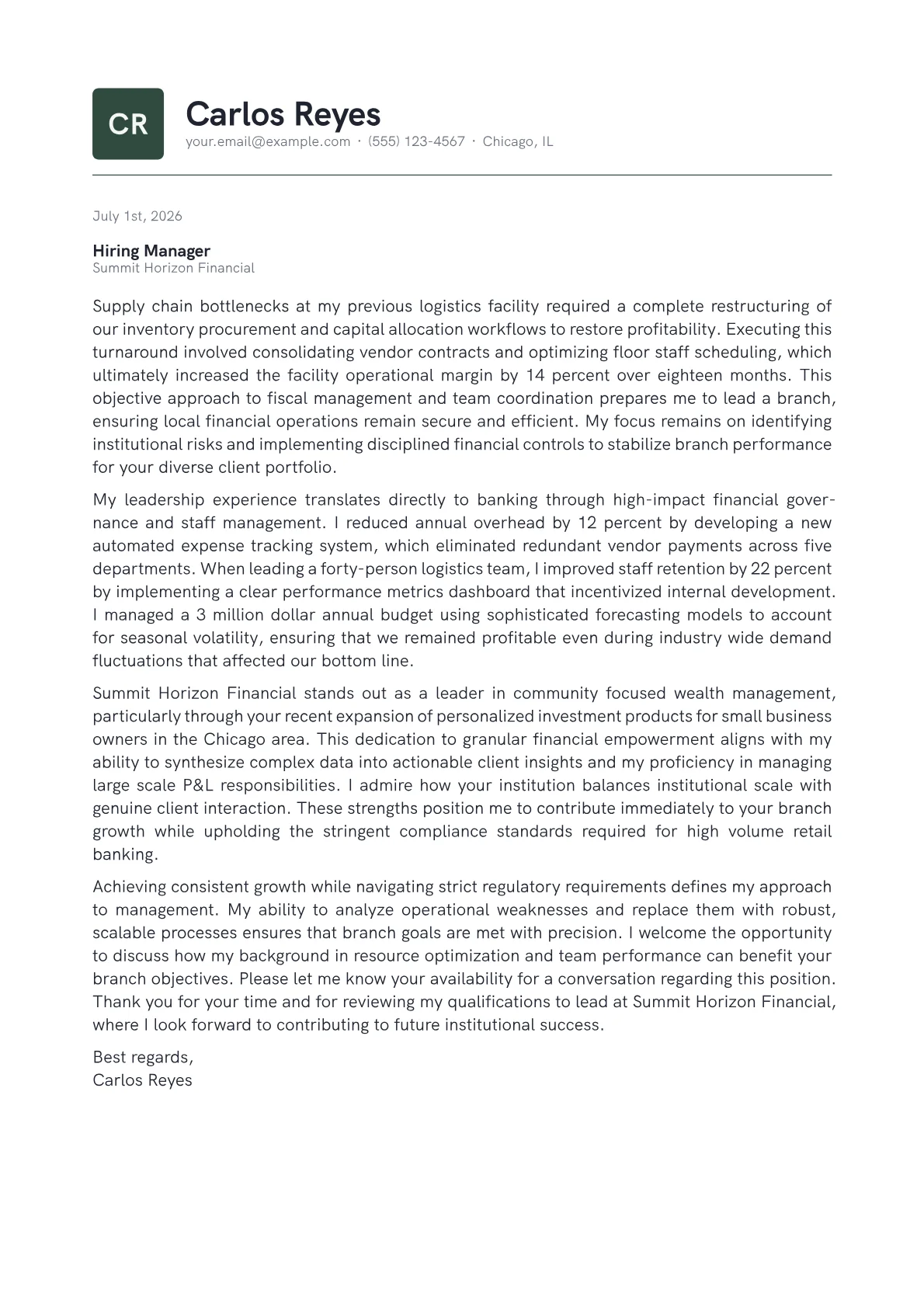 Bank Manager cover letter in the Emblem design