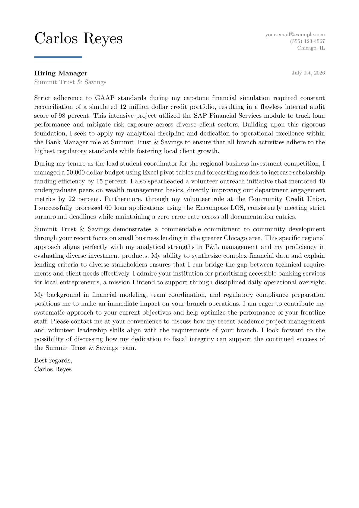 Bank Manager cover letter in the Executive design