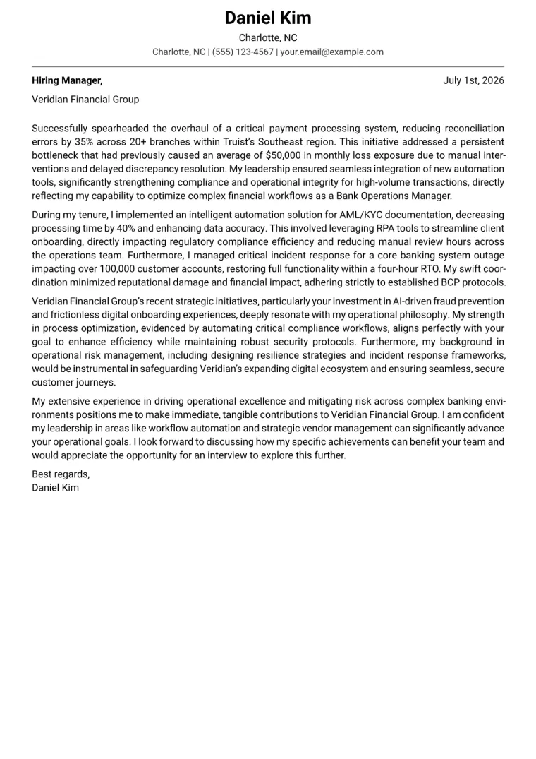 Bank Operations Manager cover letter example preview