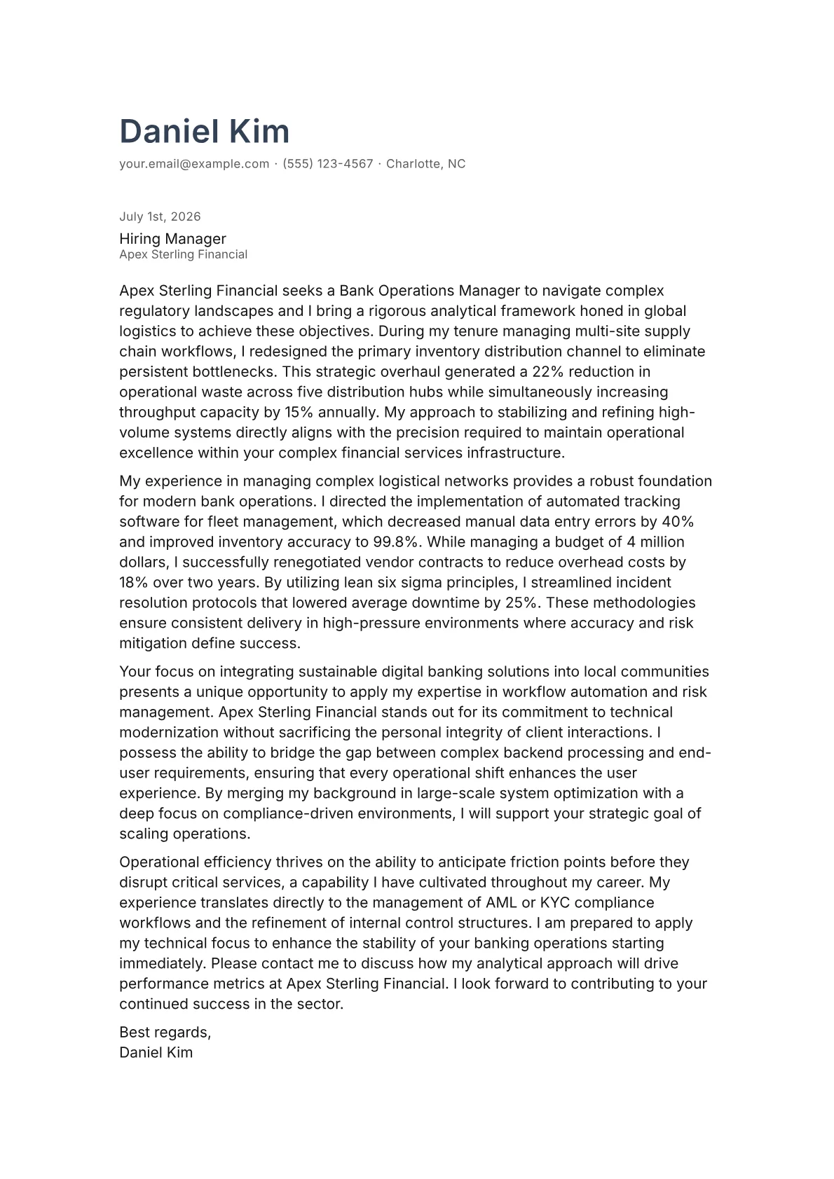 Bank Operations Manager cover letter in the Minimal design