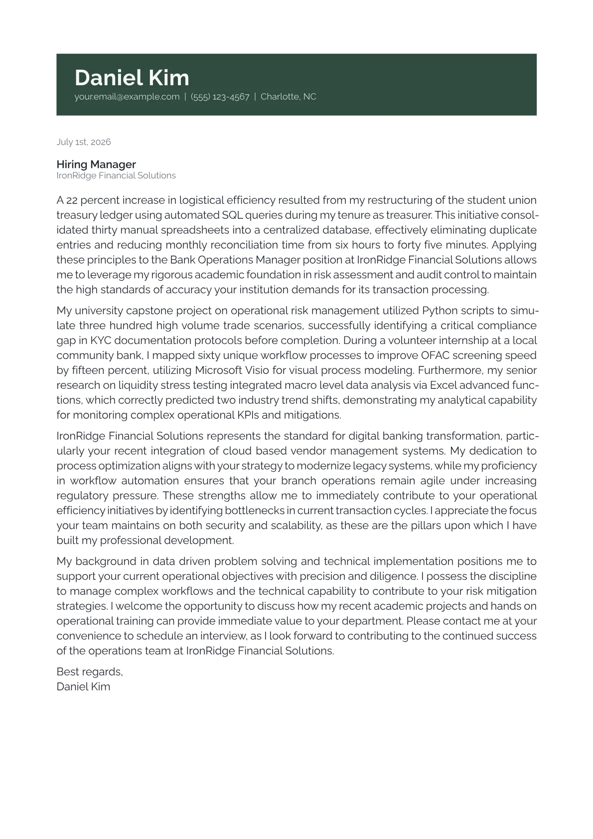 Bank Operations Manager cover letter in the Banner design