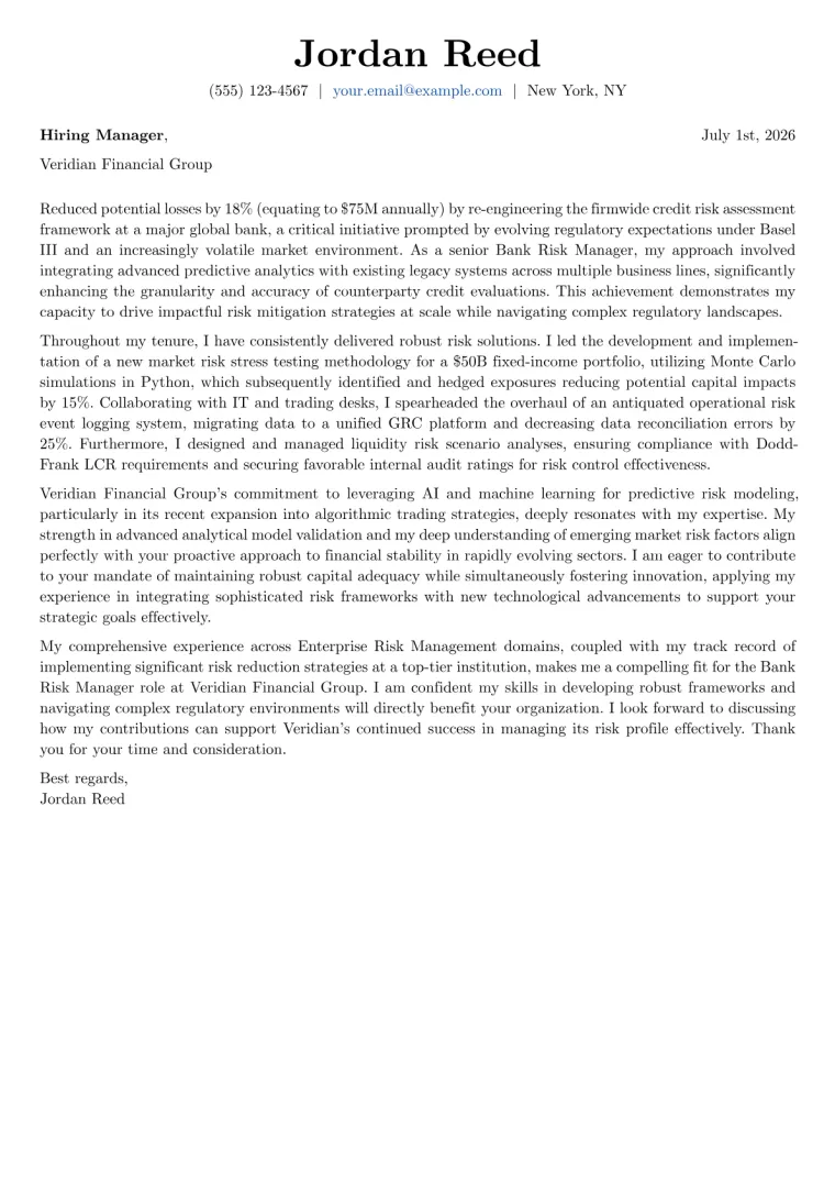Bank Risk Manager cover letter example preview