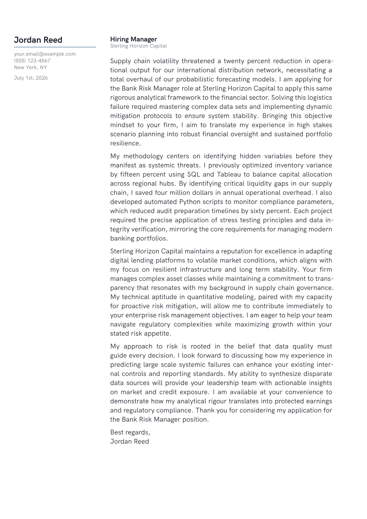Bank Risk Manager cover letter in the Margin design
