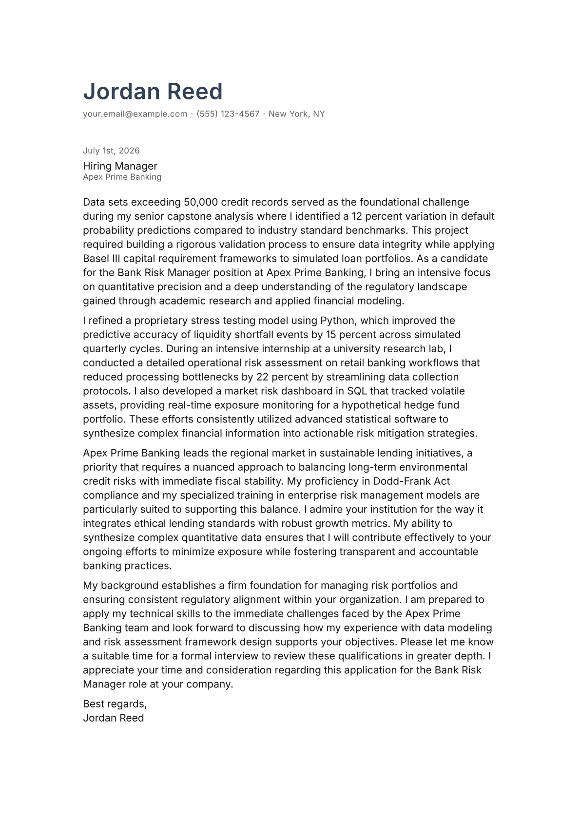 Bank Risk Manager cover letter in the Minimal design