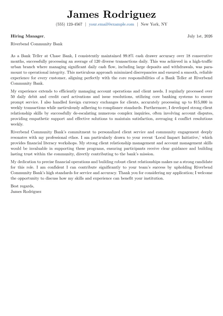 Bank Teller cover letter example