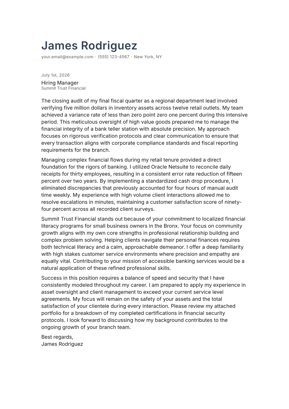 Bank Teller cover letter in the Minimal design