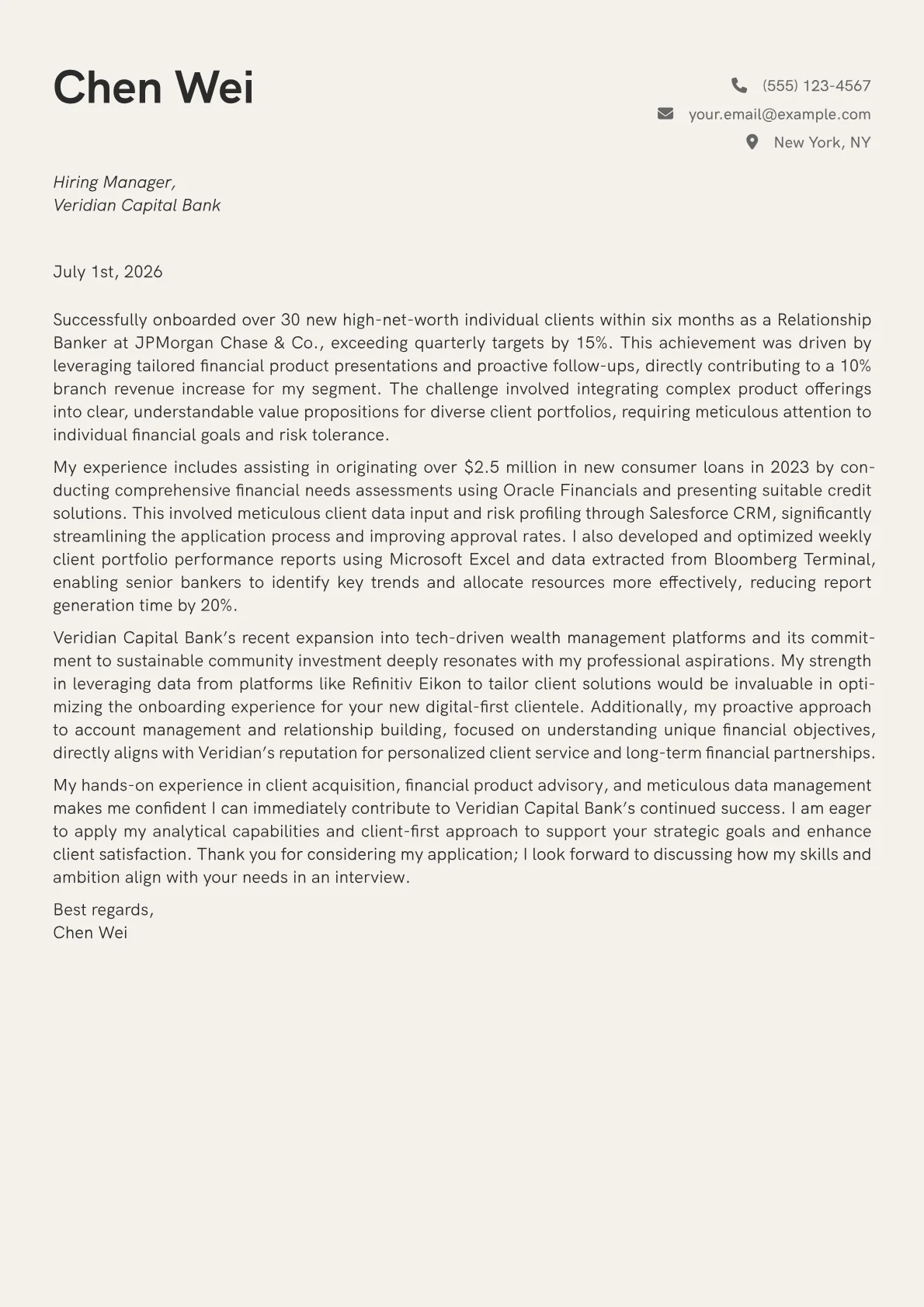 Banker cover letter formatted with a JobSprout template