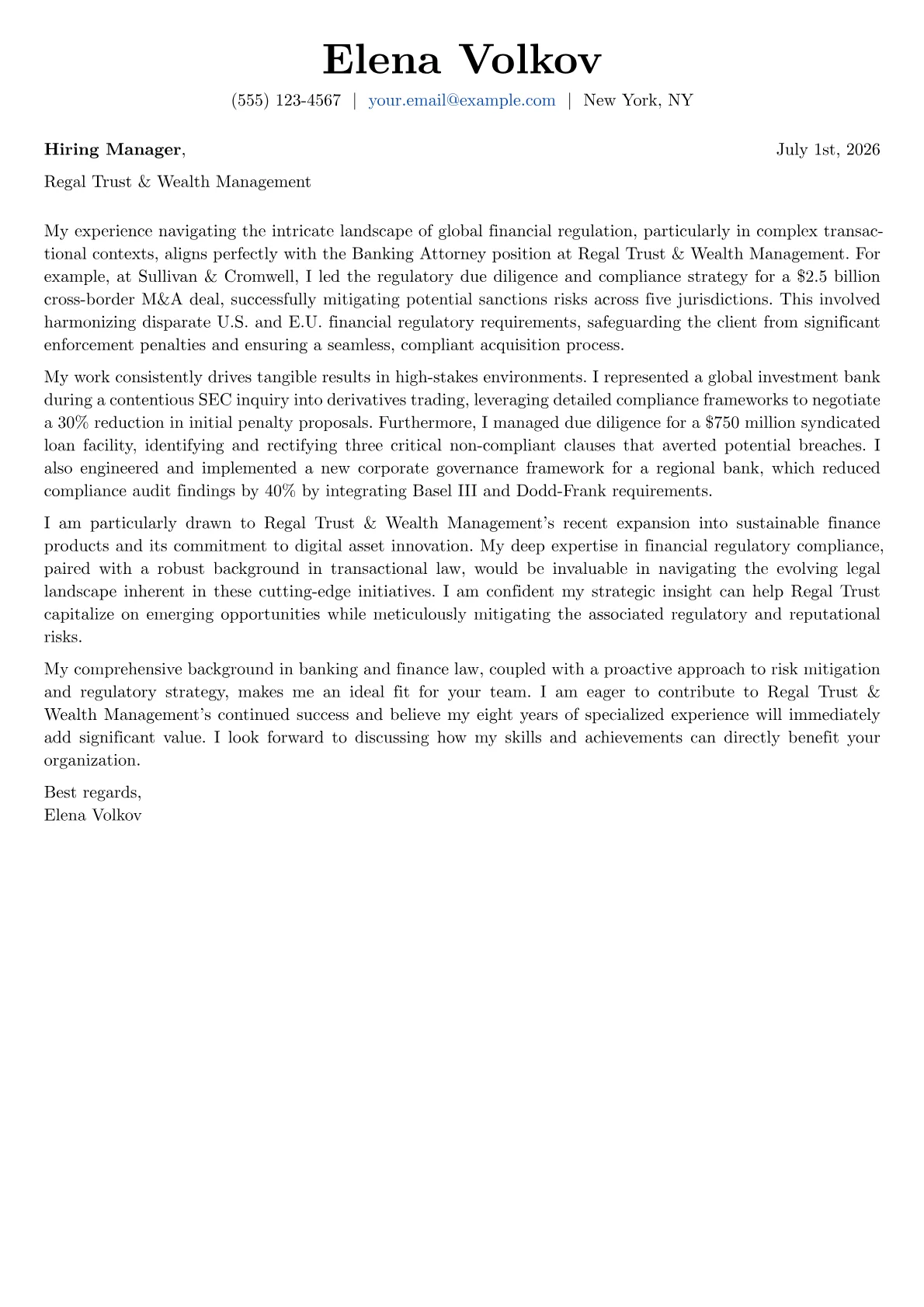 Banking Attorney cover letter formatted with a JobSprout template