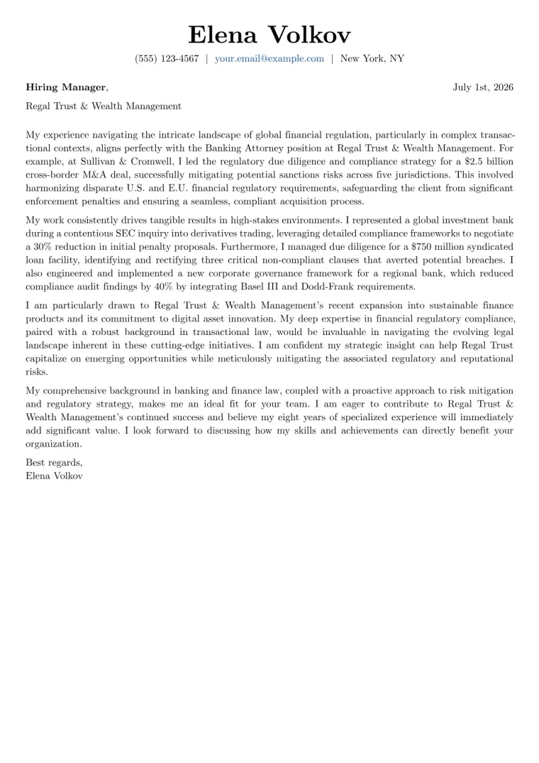 Banking Attorney cover letter example preview