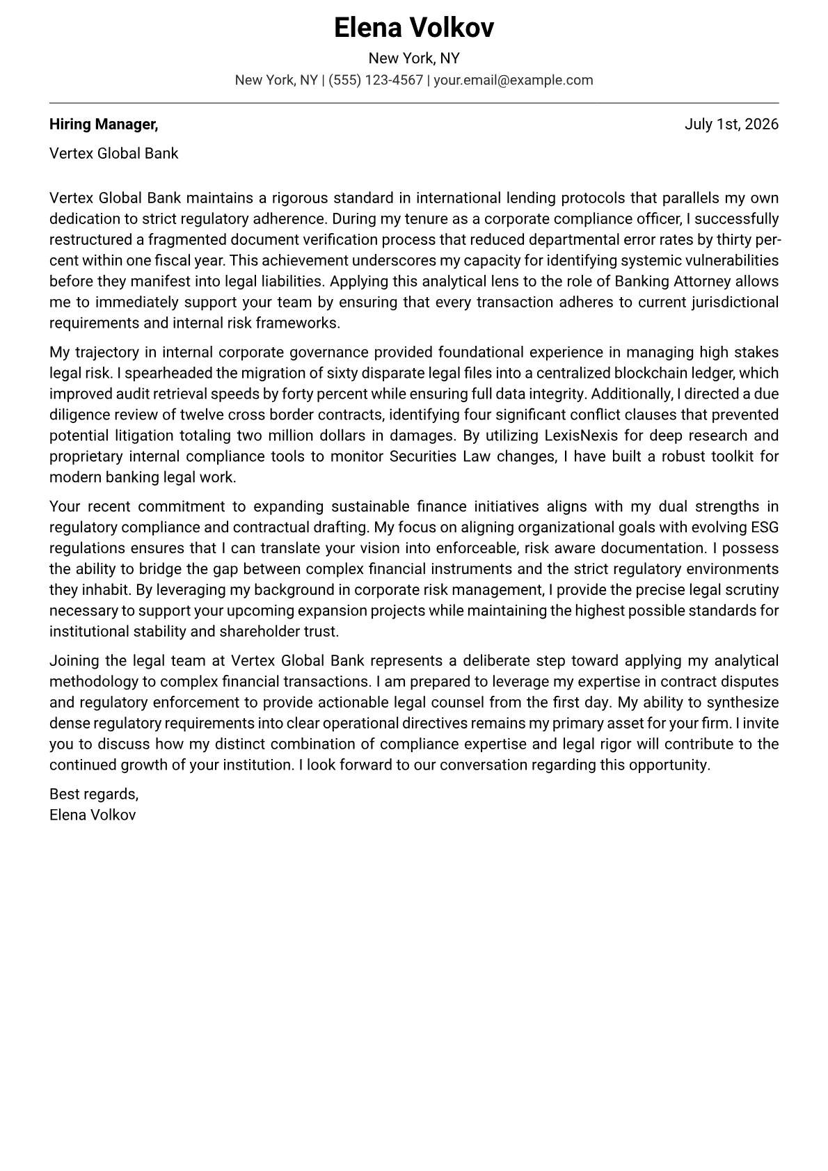 Banking Attorney cover letter in the Modern design