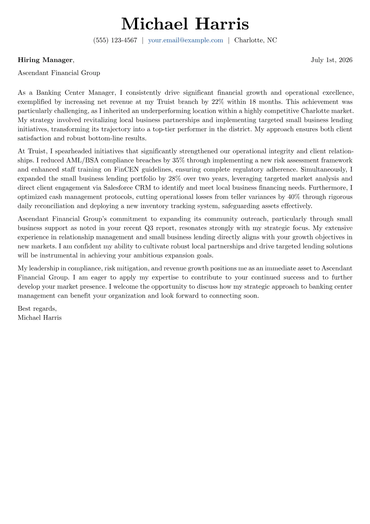 Banking Center Manager cover letter formatted with a JobSprout template