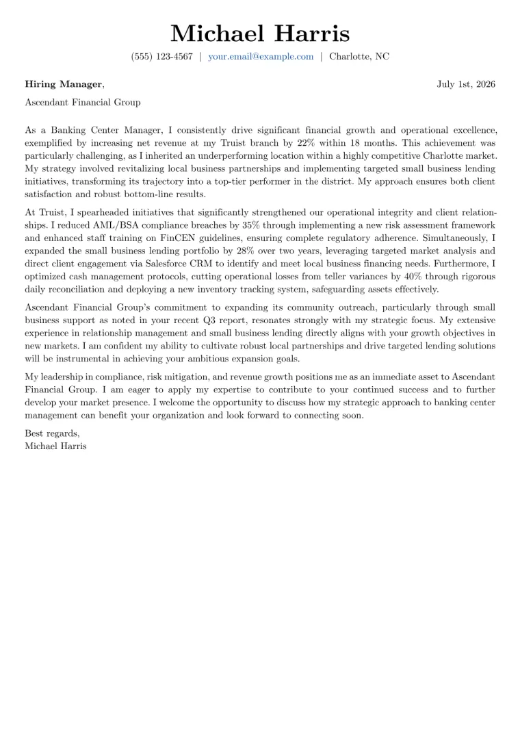 Banking Center Manager cover letter example preview