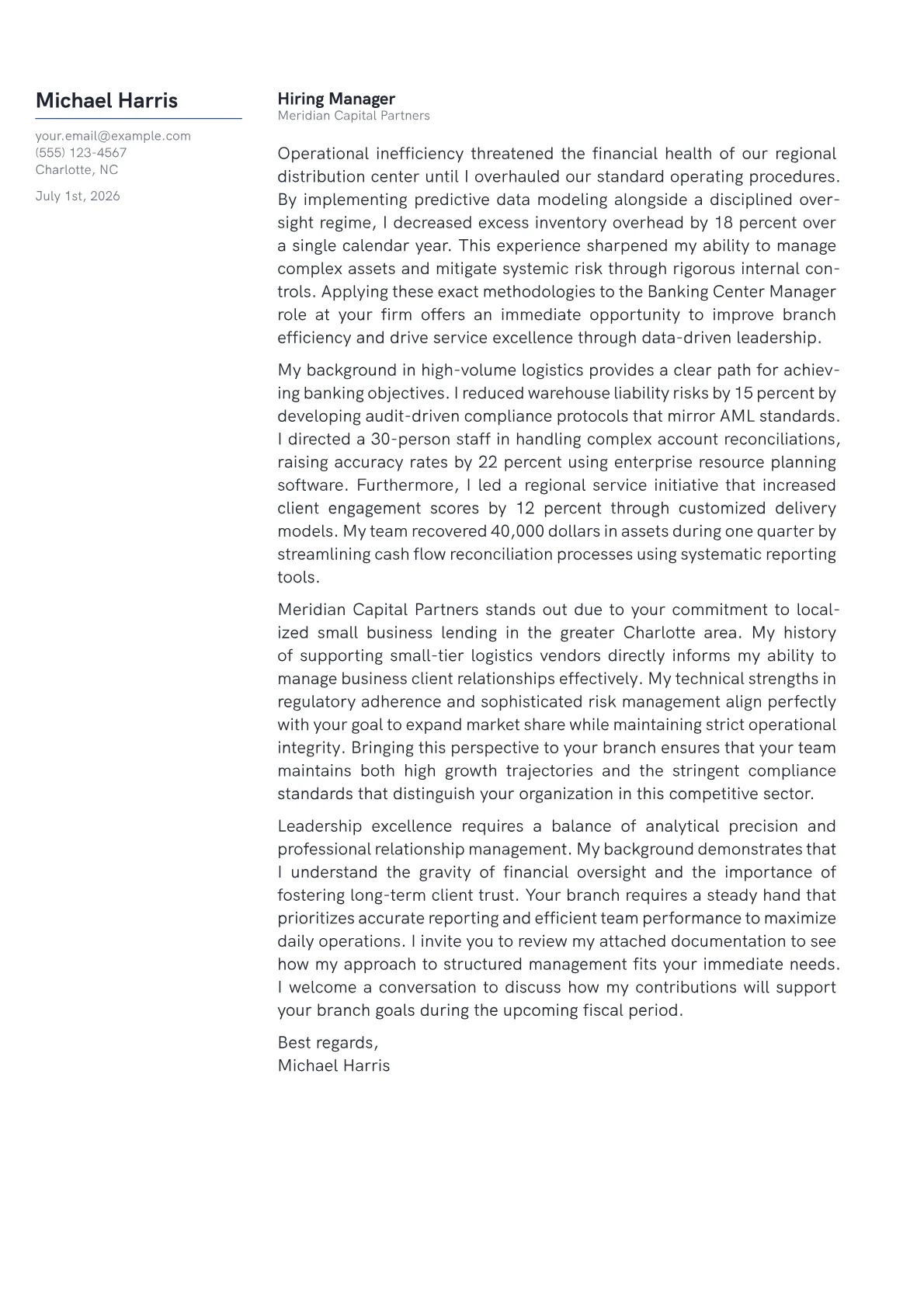 Banking Center Manager cover letter in the Margin design
