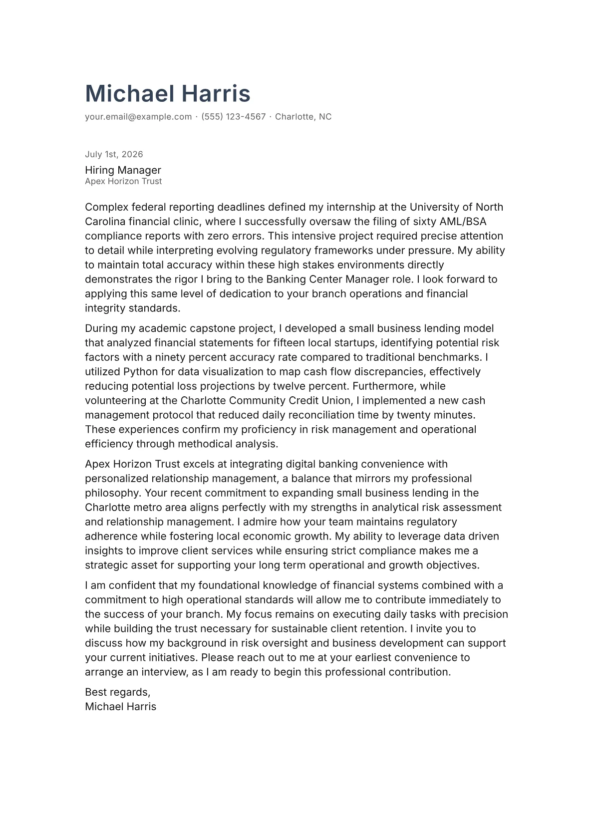 Banking Center Manager cover letter in the Minimal design