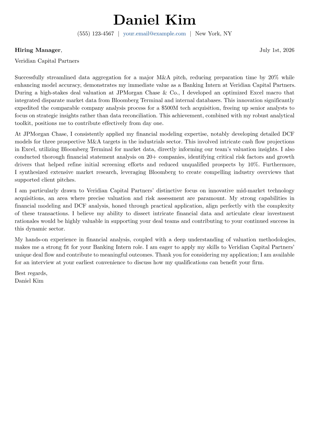 Banking Intern cover letter formatted with a JobSprout template