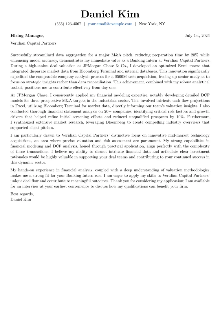 Banking Intern cover letter example preview