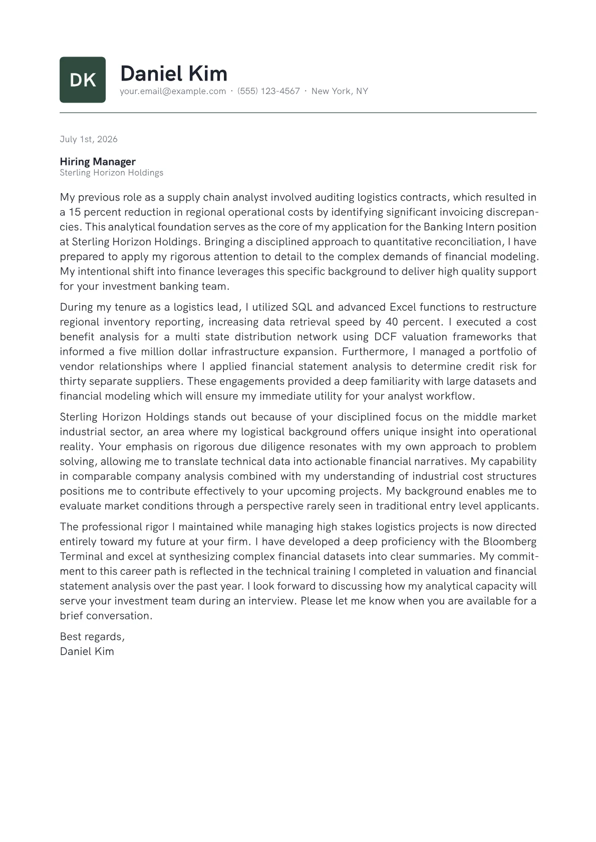 Banking Intern cover letter in the Emblem design