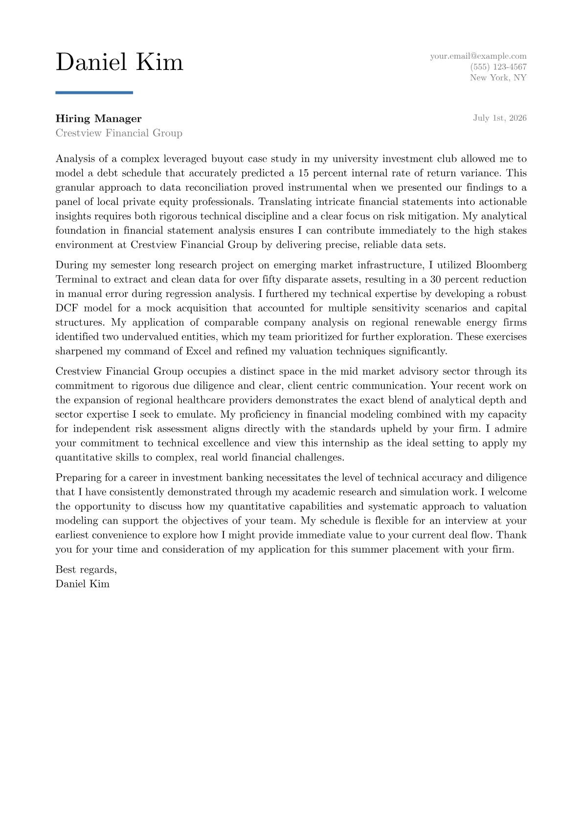 Banking Intern cover letter in the Executive design