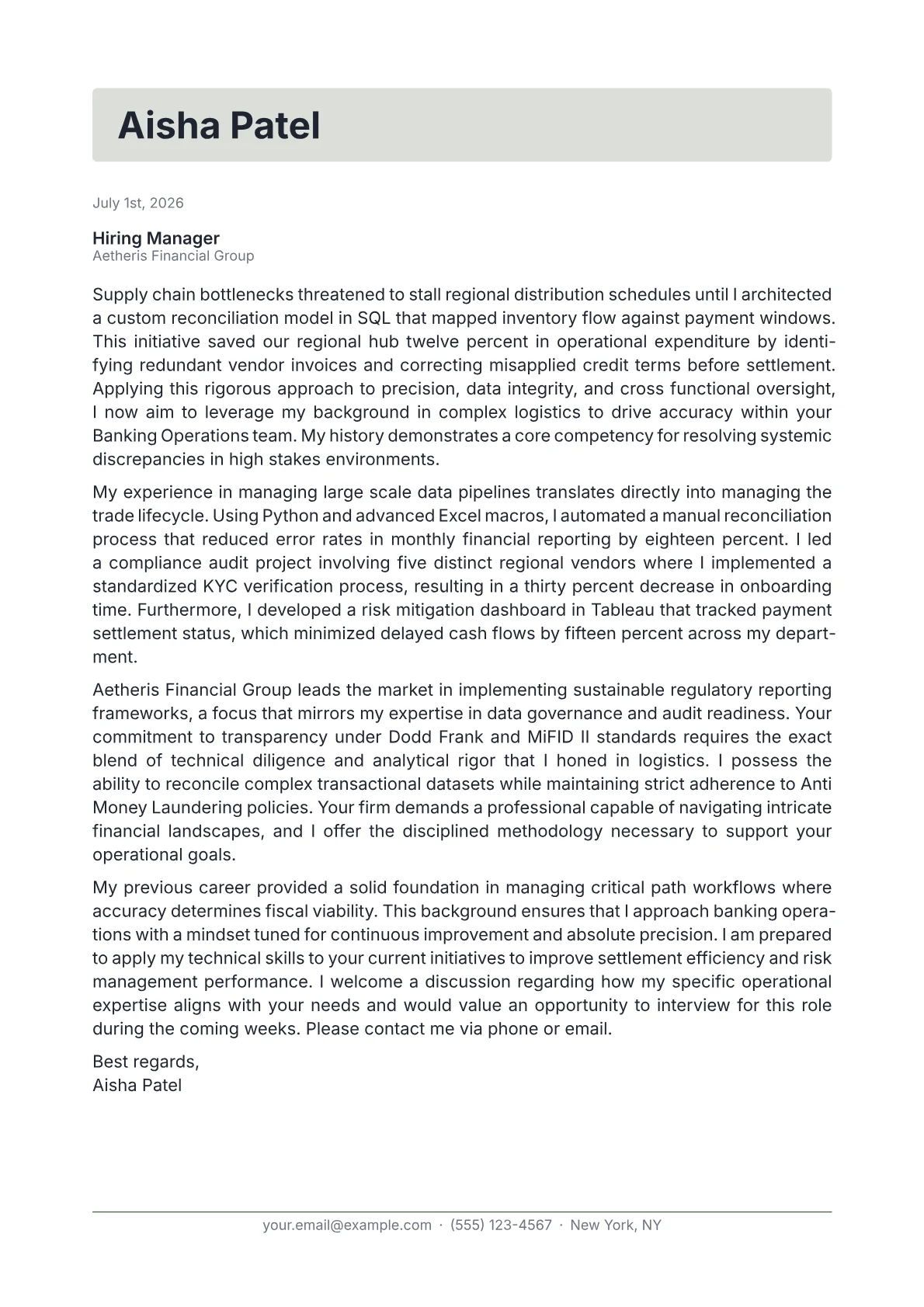 Banking Operations Analyst cover letter in the Letterhead design