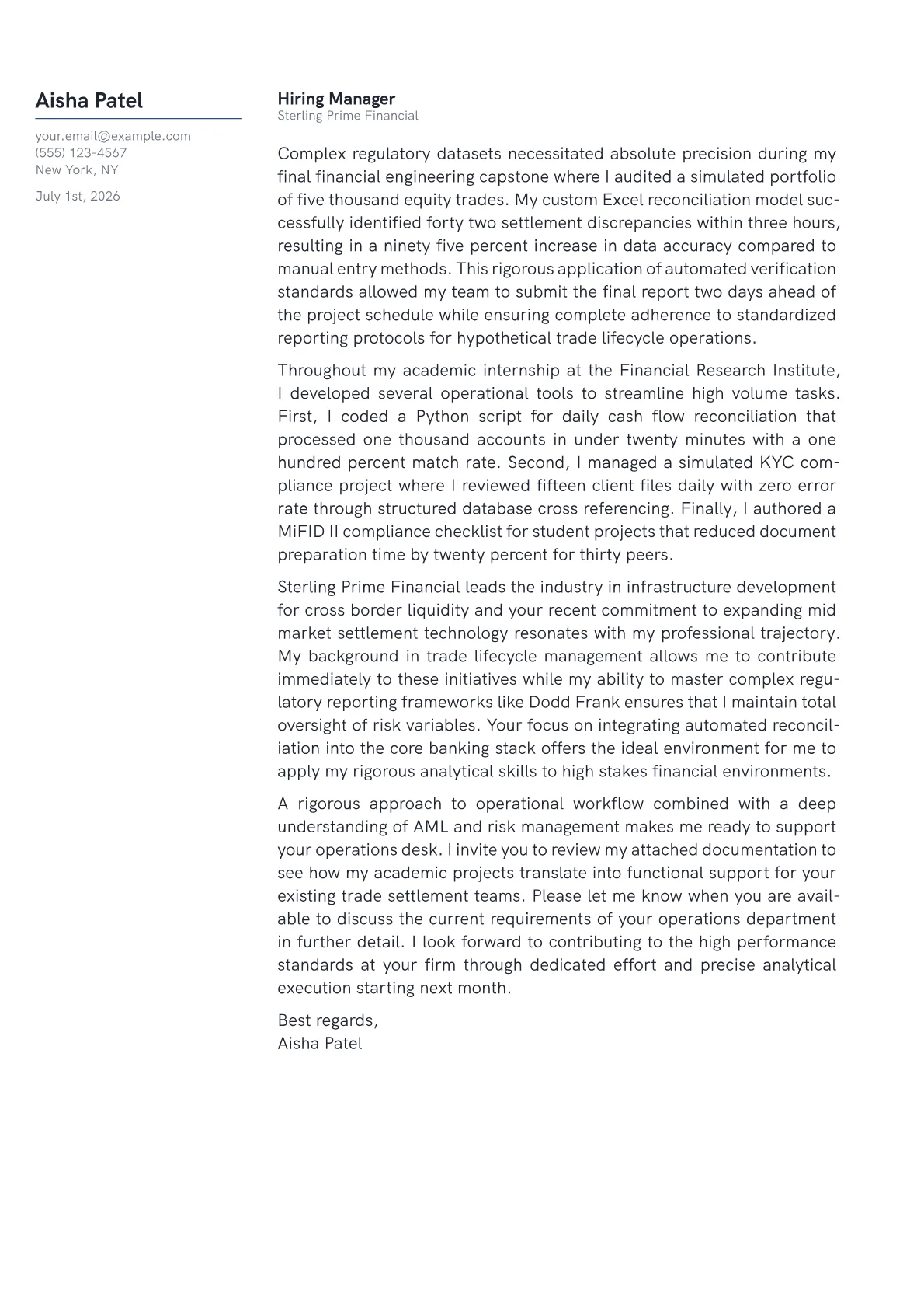Banking Operations Analyst cover letter in the Margin design
