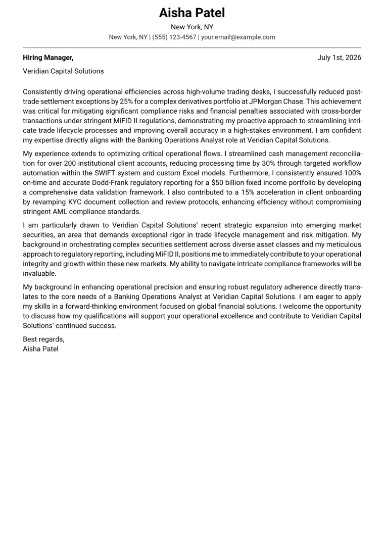 Banking Operations Analyst cover letter example preview