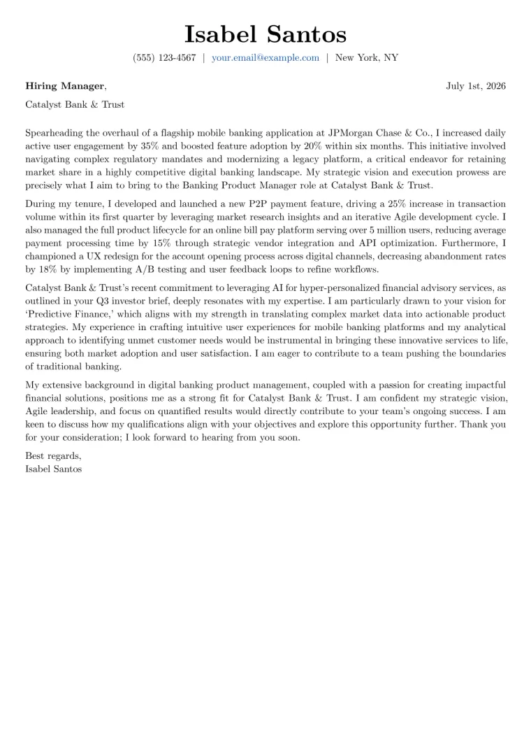 Banking Product Manager Cover Letter Example
