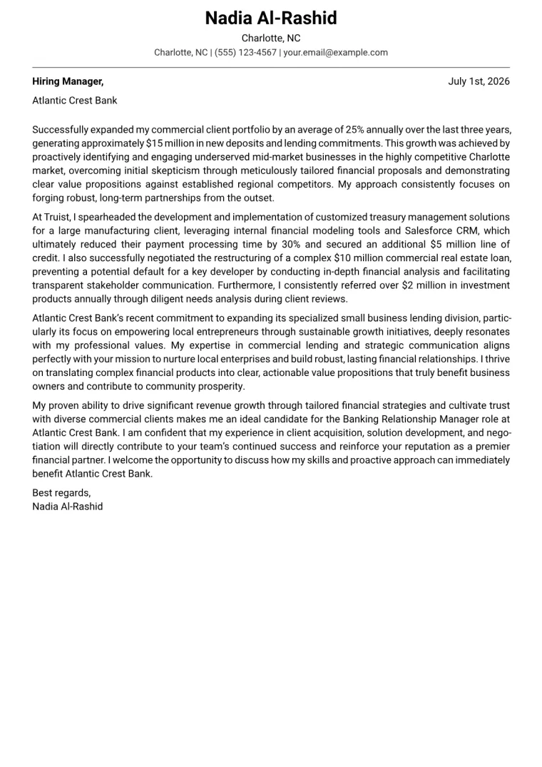 Banking Relationship Manager cover letter example preview
