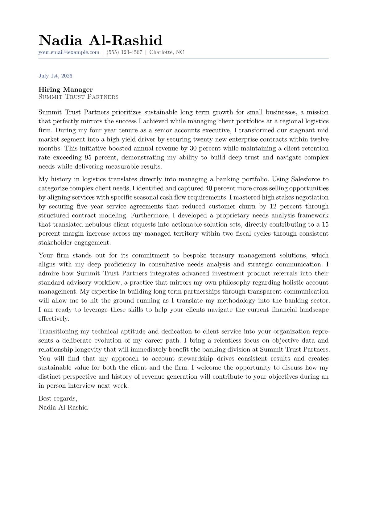 Banking Relationship Manager cover letter in the Classic design