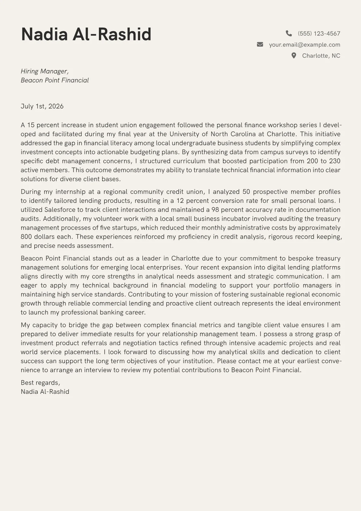 Banking Relationship Manager cover letter in the Creative design