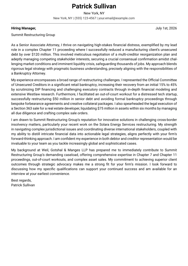 Bankruptcy Attorney cover letter example preview