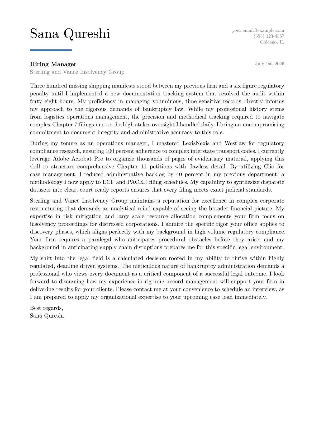 Bankruptcy Paralegal cover letter in the Executive design