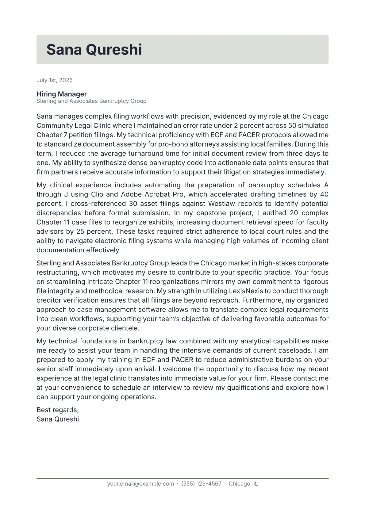Bankruptcy Paralegal cover letter in the Letterhead design