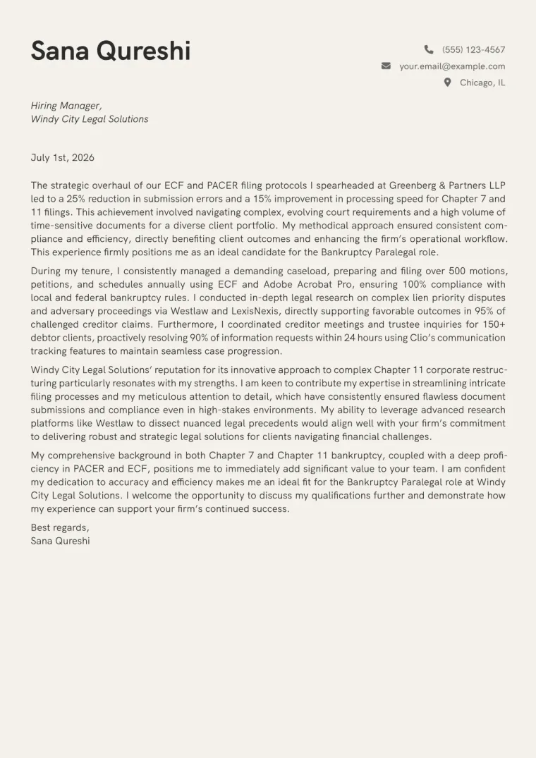 Bankruptcy Paralegal cover letter example preview
