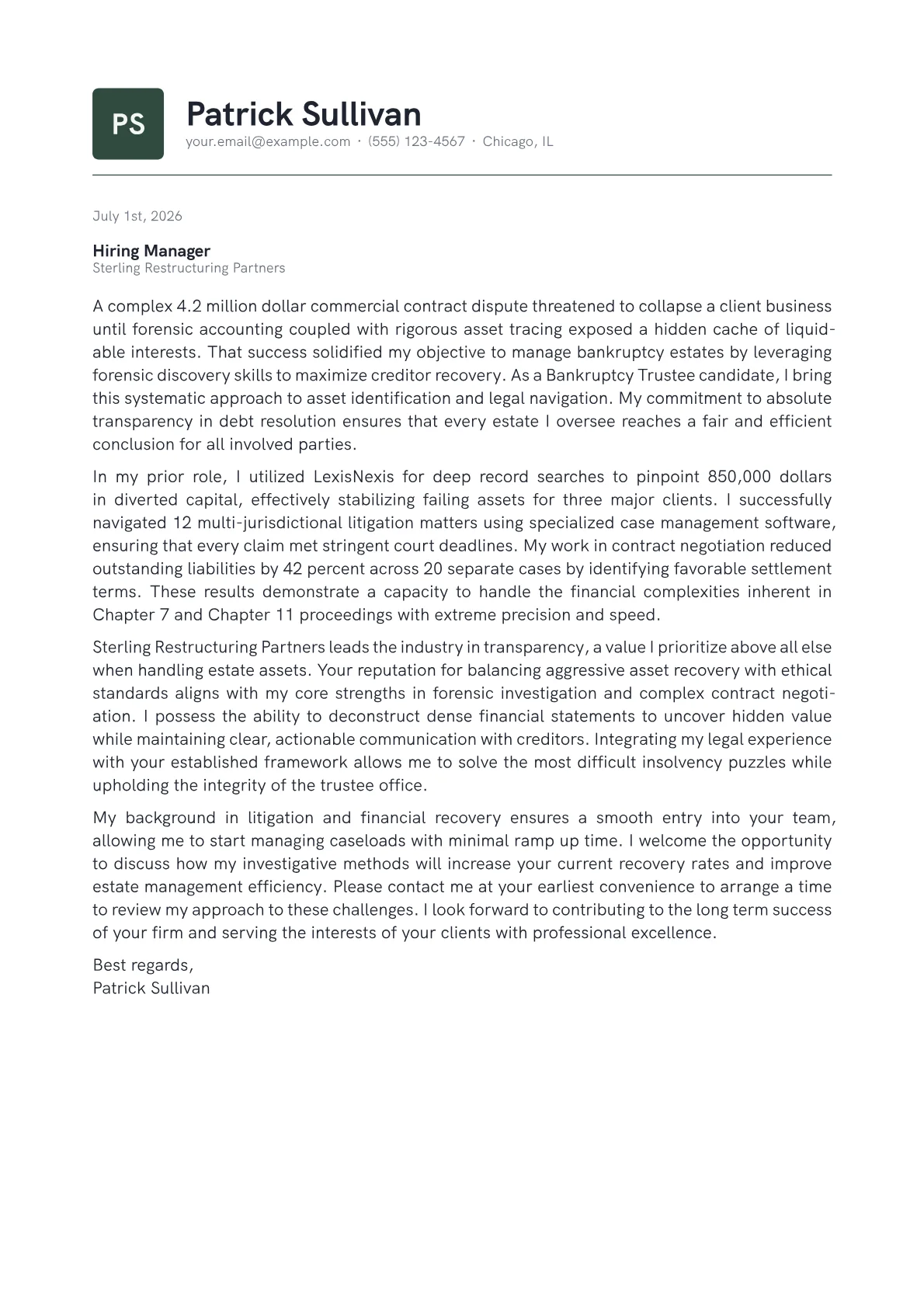 Bankruptcy Trustee cover letter in the Emblem design
