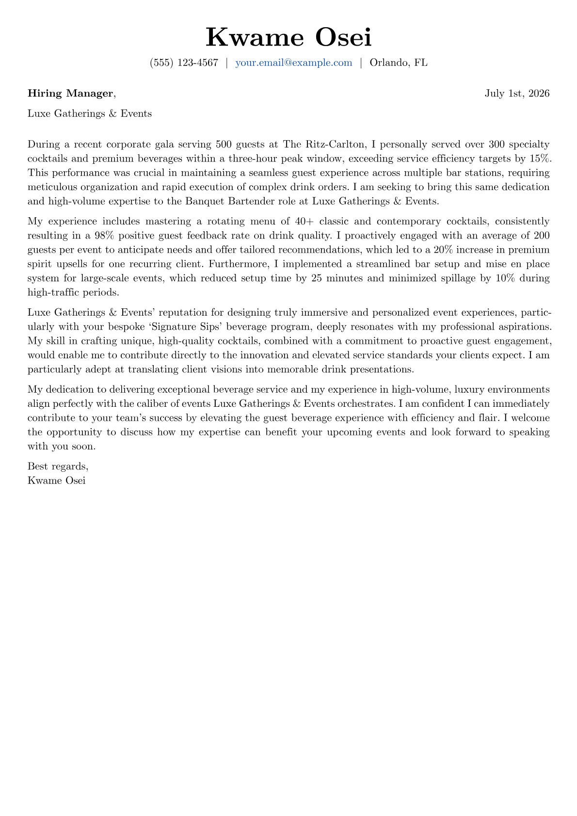 Banquet Bartender cover letter formatted with a JobSprout template