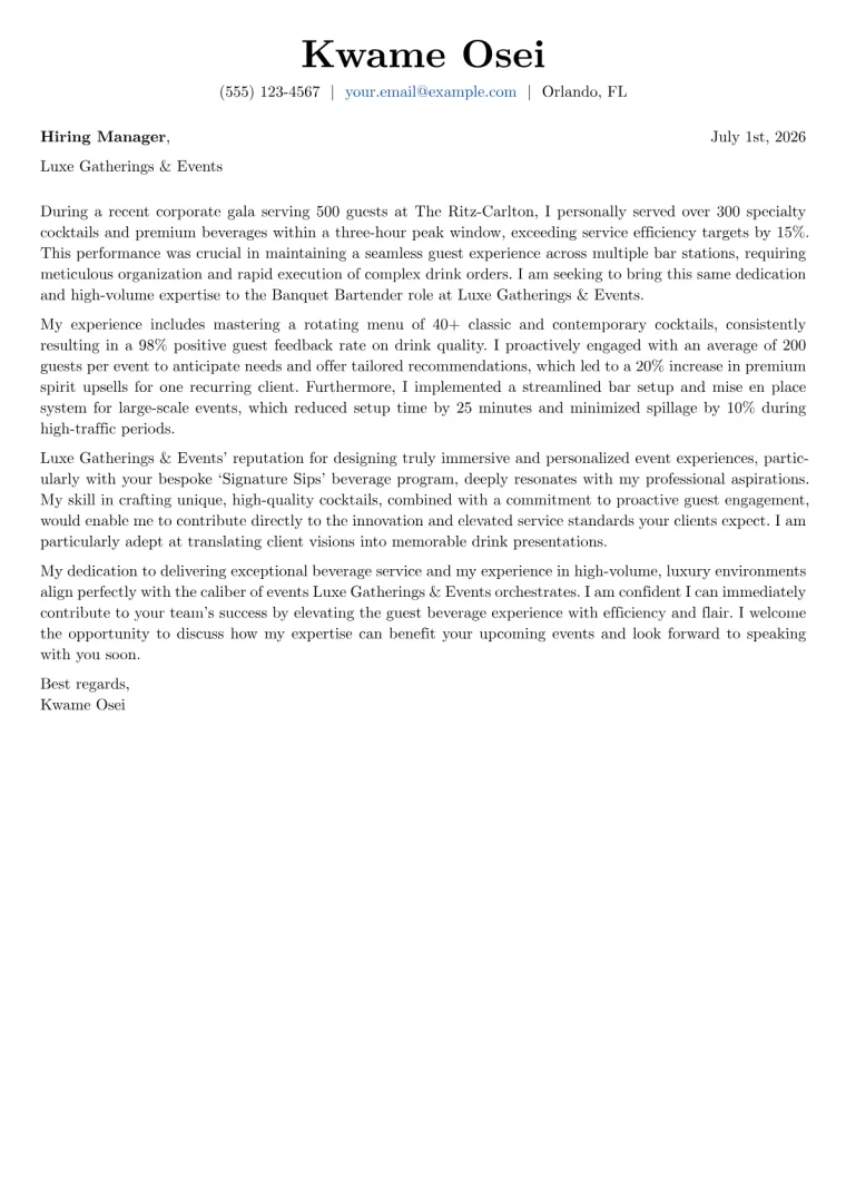 Banquet Bartender cover letter example preview