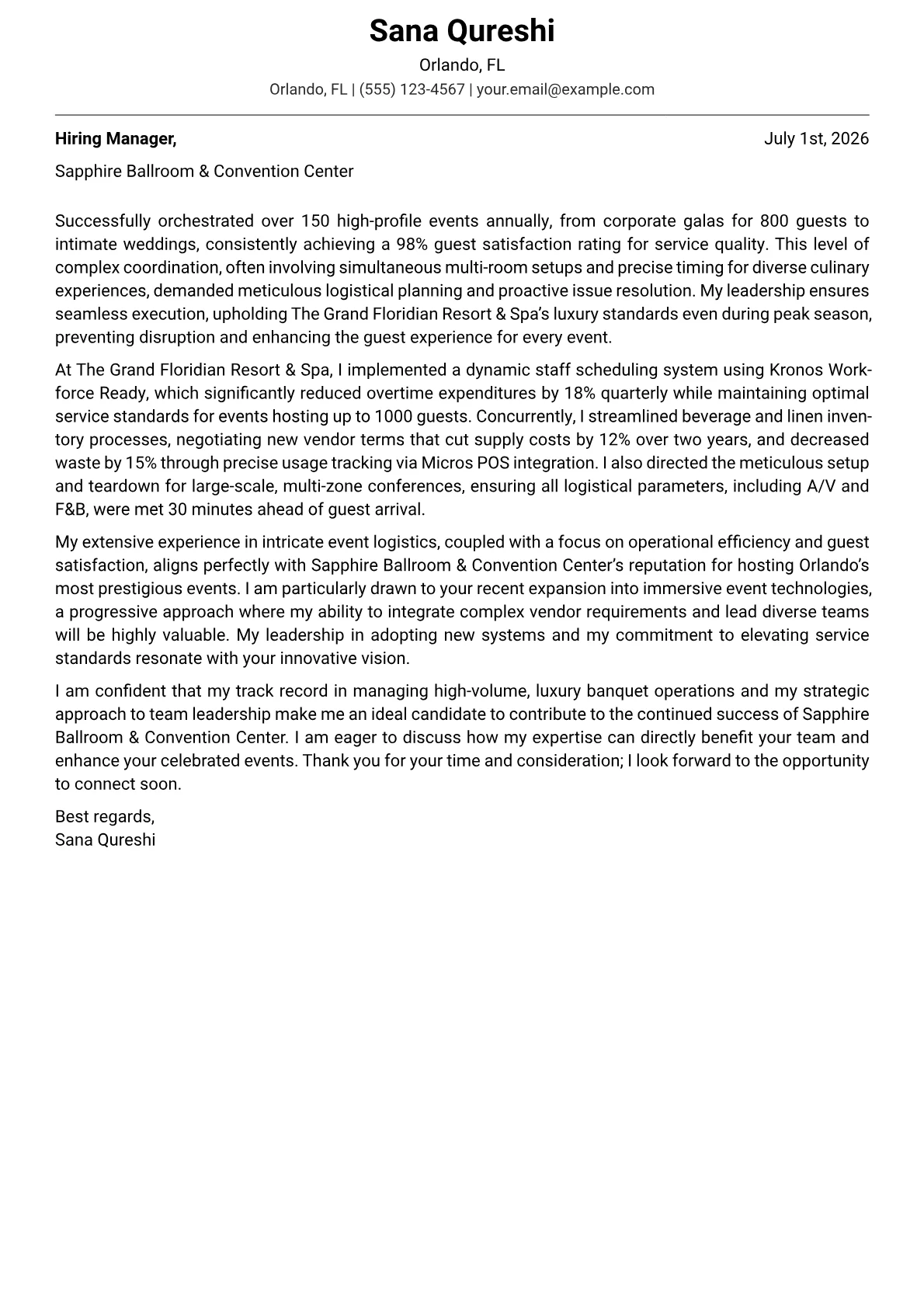 Banquet Captain cover letter formatted with a JobSprout template